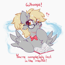 Size: 2300x2300 | Tagged: safe, artist:mirtash, derpy hooves, pegasus, pony, g4, book, bowtie, cheek fluff, chest fluff, cute, derpabetes, ear fluff, female, glasses, high res, looking at you, mare, meganekko, question mark, redraw, solo, sparkles, spread wings, text, wings