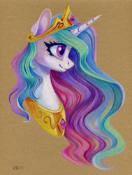 Size: 984x1300 | Tagged: safe, artist:maytee, princess celestia, alicorn, pony, g4, bust, colored pencil drawing, portrait, profile, smiling, solo, toned paper, traditional art