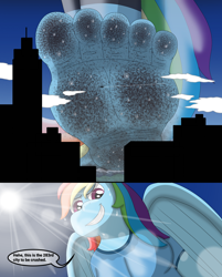 Size: 2004x2495 | Tagged: safe, artist:az12lol, rainbow dash, pegasus, pony, anthro, plantigrade anthro, g4, barefoot, barefooting, city, crush fetish, crushed, crushing, dirt, dirty, dirty feet, feet, female, fetish, foot fetish, foot focus, giant rainbow dash, giantess, giga, goddess, high res, macro, mega giant, size comparison, size difference, soles, solo, stomp, stomping, sweat, sweaty feet, toes, underfoot