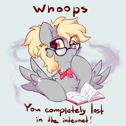 Size: 2300x2300 | Tagged: safe, artist:mirtash, derpy hooves, pegasus, pony, g4, 404, book, bowtie, bowties are cool, cheek fluff, chest fluff, cute, derpabetes, dialogue, ear fluff, error, female, fluffy, frown, glasses, gray background, high res, i just don't know what went wrong, looking at you, mare, nerd pony, question mark, raised eyebrow, simple background, solo, sparkles, spread wings, text, thinking, website load error, wings