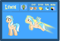 Size: 4564x3133 | Tagged: safe, artist:stellardusk, oc, oc only, oc:lumin light, pegasus, pony, g4, beige body, color palette, colored, colored wings, cutie mark, flight trail, flying, glowing, glowing body, light, light blue mane, looking sideways, male, multicolored hair, multicolored mane, multicolored wings, reference sheet, simple background, smiling, stallion, standing, trail, white mane, wings, yellow eyes