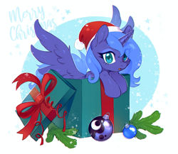 Size: 2001x1734 | Tagged: safe, artist:ls_skylight, princess luna, alicorn, pony, g4, box, christmas, christmas ornament, commission, decoration, female, hat, holiday, horn, mare, pony in a box, present, s1 luna, santa hat, solo, spread wings, wings, ych result