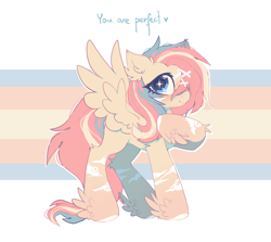 Size: 1680x1500 | Tagged: safe, artist:mirtash, fluttershy, pegasus, pony, g4, cute, ear fluff, hair over one eye, heart, hoof fluff, leg fluff, looking at you, pride, pride flag, raised hoof, shyabetes, smiling, smiling at you, solo, sparkly eyes, spread wings, trans fluttershy, transgender, transgender pride flag, wingding eyes, wings