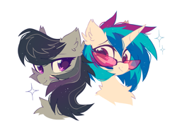 Size: 1191x898 | Tagged: safe, alternate version, artist:mirtash, dj pon-3, octavia melody, vinyl scratch, earth pony, pony, unicorn, g4, bisexual pride flag, bust, chest fluff, cute, demisexual pride flag, duo, duo female, ear fluff, eyebrows, face paint, female, fluffy, glasses, horn, lesbian, mare, portrait, pride, pride flag, pride month, ship:scratchtavia, shipping, simple background, smiling, sparkles, tavibetes, vinyl's glasses, vinylbetes, white background