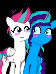 Size: 960x1280 | Tagged: safe, artist:madelmena, misty brightdawn, zipp storm, pegasus, pony, unicorn, g5, black background, blushing, female, lesbian, looking at each other, looking at someone, mare, nuzzling, ship:dawnstorm, shipping, simple background