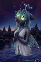 Size: 1280x1920 | Tagged: safe, artist:symbianl, queen chrysalis, changeling, changeling queen, anthro, g4, belly button, breasts, clothes, dress, female, horn, praying, solo, water, wings