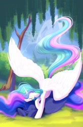 Size: 1268x1920 | Tagged: safe, artist:kebchach, princess celestia, princess luna, alicorn, pony, g4, art event, colored eyebrows, duo, duo female, eyebrows, eyes closed, female, grass, horn, landing, large wings, lying down, mare, outdoors, prone, royal sisters, siblings, sisters, sleeping, spread wings, tree, wings