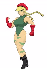 Size: 2344x3583 | Tagged: safe, artist:cyanrobo, applejack, human, g4, abs, applebucking thighs, applejacked, biceps, boots, braid, breasts, busty applejack, cammy white, capcom, clothes, cosplay, costume, crossover, female, high res, humanized, leotard, looking at you, muscles, muscular female, shoes, simple background, solo, street fighter, thighs, thunder thighs, white background