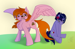 Size: 2283x1490 | Tagged: safe, artist:ermecg, oc, oc only, oc:bellatrix, oc:bon voyage, pegasus, pony, unicorn, angry, angry face, chest fluff, crying, eyes open, looking down, simple background, simple shading, spread wings, wings