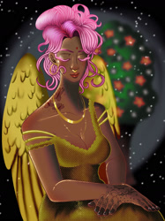 Size: 1280x1707 | Tagged: safe, artist:shegriffon, fluttershy, human, g4, alternate hairstyle, clothes, cute, dark skin, dress, ear piercing, earring, eyes closed, female, flower, humanized, jewelry, lipstick, makeup, nail polish, necklace, nose piercing, nose ring, piercing, shyabetes, solo, tattoo, winged humanization, wings