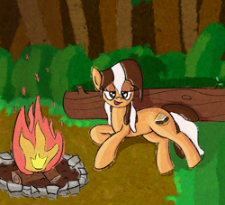 Size: 1722x1566 | Tagged: safe, artist:purppone, oc, oc only, oc:s'mare, pony, bedroom eyes, campfire, female, fire, forest, looking at you, lying down, mare, melting, nature, on side, solo, tree, wingding eyes