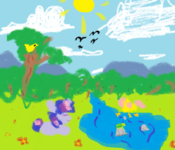 Size: 681x582 | Tagged: safe, artist:purppone, fluttershy, twilight sparkle, bird, pony, g4, cloud, flower, ms paint, pond, tree, water