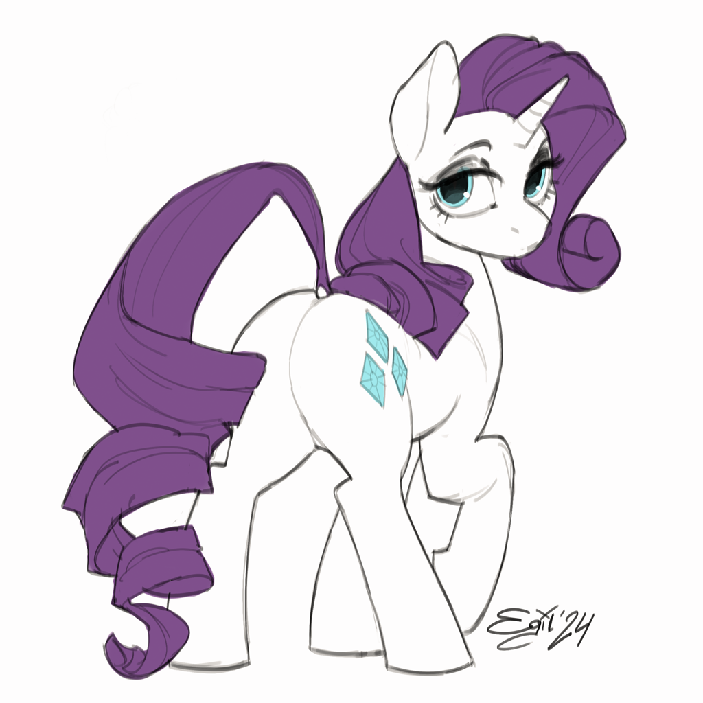 [butt,female,g4,high res,looking at you,looking back,mare,plot,pony,rarity,rearity,safe,simple background,sketch,solo,unicorn,white background,rear view,looking back at you,artist:egil]