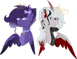 Size: 3694x2873 | Tagged: safe, artist:thecommandermiky, oc, oc only, oc:miky command, hybrid, pegasus, pony, bow, bust, collar, folded wings, hair bow, high res, horn, looking at each other, looking at someone, partially open wings, pegasus oc, ponytail, simple background, transparent background, unnamed character, wings