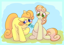 Size: 2800x2000 | Tagged: safe, artist:puppie, junebug, oc, oc:ctanon, oc:tangerinon, earth pony, g4, blushing, cute, eye clipping through hair, floppy ears, flower, gift giving, high res, mouth hold, shy, wholesome, wingding eyes
