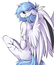 Size: 1695x2046 | Tagged: safe, artist:zenexart, oc, oc only, oc:ivy, pegasus, anthro, anthro oc, blue hair, blue tail, eyelashes, facing away, feathered wings, female, female oc, floppy ears, looking away, nudity, pegasus oc, pegasus wings, red sclera, sad, scar, scarred, simple background, sitting, solo, tail, thighs, white background, white coat, wings