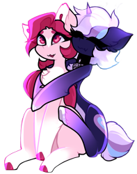 Size: 595x755 | Tagged: safe, artist:minty--fresh, oc, oc only, oc:party favor, oc:shade, pegasus, pony, unicorn, 2024 community collab, derpibooru community collaboration, chest fluff, choker, duo, frog (hoof), horn, hug, hug from behind, pegasus oc, simple background, transparent background, underhoof, wings