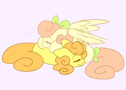 Size: 2800x2000 | Tagged: safe, artist:puppie, oc, oc only, oc:ctanon, oc:soft sonance, oc:tangerinon, earth pony, pegasus, cuddling, cute, high res, lying down, lying on top of someone, purple background, simple background, sleeping, wholesome