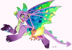 Size: 2048x1407 | Tagged: safe, artist:allisonpopick, spike, sunny starscout, alicorn, dragon, pony, g5, artificial horn, artificial wings, augmented, bracelet, duo, friendship bracelet, horn, jewelry, magic, magic horn, magic wings, mane stripe sunny, older, older spike, race swap, simple background, spike (g5), sunnycorn, white background, wings