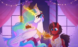 Size: 2500x1500 | Tagged: safe, artist:thewandie, princess celestia, oc, oc:ironyoshi, alicorn, unicorn, g4, cake, clothes, commission, concave belly, crown, curtains, female, folded wings, food, glowing, glowing horn, height difference, horn, jewelry, large wings, levitation, licking, licking lips, lights, long horn, magic, male, mare, peytral, physique difference, regalia, shirt, slender, stallion, tall, telekinesis, thin, tongue out, window, wings, ych result
