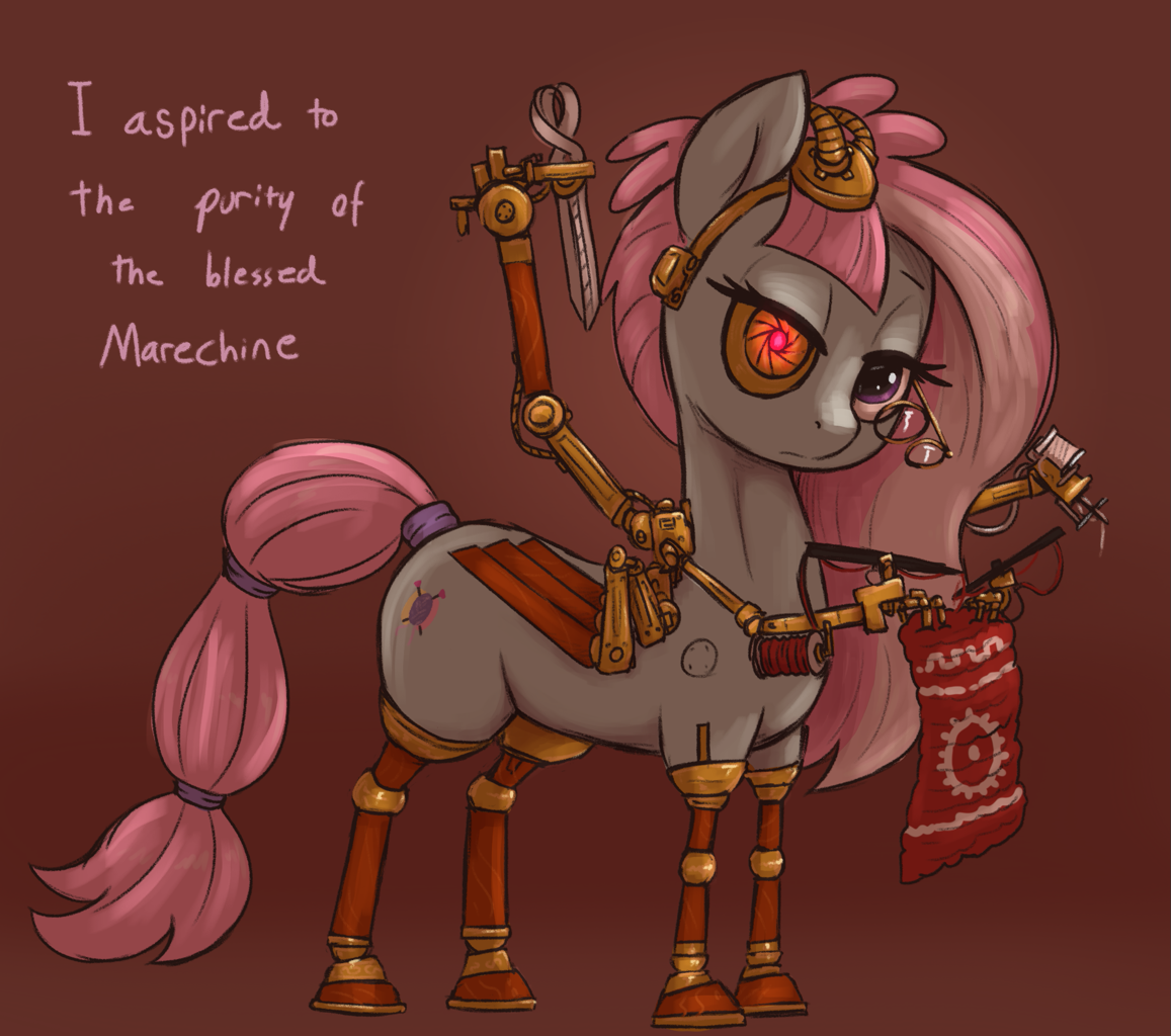 [adeptus mechanicus,amputee,crossover,cyborg,female,g4,high res,looking at you,mare,missing accessory,pegasus,pony,prosthetics,safe,solo,steampunk,warhammer 40k,kerfuffle,crochet,prosthetic limb,robotic arm,quadruple amputee,artist:t72b,warhammer (game)]