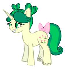 Size: 1024x1024 | Tagged: safe, artist:rem-ains, oc, oc only, oc:felicity mossrock, pony, unicorn, bow, braces, colored pupils, double buns, grin, heart buns, nervous, nervous smile, simple background, smiling, solo, tail, tail bow, teenager, transparent background, younger