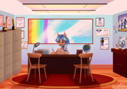 Size: 3541x2508 | Tagged: safe, artist:honeybbear, spitfire, oc, oc only, oc:lumin light, pegasus, pony, g4, beige body, certificate, chair, clothes, colored, colored wings, document, equestria games, globe, goggles, high res, light blue mane, male, multicolored hair, multicolored mane, multicolored wings, office, pencil, photo, picture, picture frame, poster, rainbow, rainbow falls (location), signature, signed, stallion, trophy, uniform, white mane, window, wings, wonderbolts, wonderbolts uniform, yellow eyes