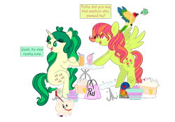 Size: 3000x2100 | Tagged: safe, artist:rem-ains, oc, oc only, oc:dandy, oc:felicity mossrock, oc:tulipa, bird, dog, hummingbird, insect, ladybug, pegasus, pomeranian, pony, unicorn, alternate hairstyle, anatomically incorrect, art trade, bag, bipedal, bipedal leaning, collar, dialogue, double buns, drink, drinking straw, female, freckles, heart, heart buns, heart eyes, high res, incorrect leg anatomy, leaning, leash, mare, motion lines, open mouth, open smile, present, shopping bag, simple background, sitting, smiling, stool, sun conure, table, transparent background, wingding eyes