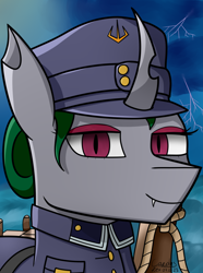 Size: 1248x1680 | Tagged: safe, artist:hno3, oc, oc only, changeling, equestria at war mod, equestria rises still (equestria at war submod), bust, clothes, fangs, female, green mane, hat, military uniform, ocean, portrait, solo, storm, uniform, uniform hat, water