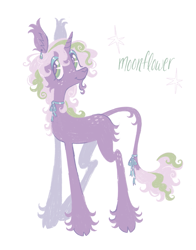 Size: 1261x1611 | Tagged: safe, artist:webkinzworldz, oc, oc only, oc:moonflower (webkinzworldz), classical unicorn, pony, unicorn, back freckles, bow, butt fluff, cheek fluff, closed mouth, cloven hooves, ear fluff, ear piercing, ear tufts, earring, eyeshadow, freckles, green eyes, horn, jewelry, leg freckles, leonine tail, lidded eyes, makeup, piercing, ponysona, simple background, smiling, solo, standing, tail, tail bow, tail fluff, unicorn beard, unicorn oc, unshorn fetlocks, white background