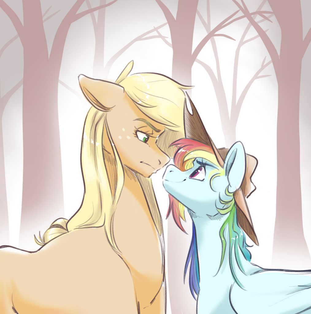 [annoyed,applejack,applejack's hat,cowboy hat,duo,earth pony,freckles,g4,hat,pegasus,pony,rainbow dash,safe,unamused,height difference,applejack is not amused,looking at each other,playful,smiling,accessory theft,looking into each others eyes,artist:smirk,looking at someone]