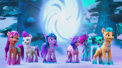 Size: 1280x720 | Tagged: safe, screencap, hitch trailblazer, izzy moonbow, misty brightdawn, pipp petals, sparky sparkeroni, sunny starscout, zipp storm, dragon, earth pony, pegasus, pony, unicorn, g5, my little pony: make your mark, my little pony: make your mark chapter 6, secrets of starlight, spoiler:g5, spoiler:my little pony: make your mark, spoiler:my little pony: make your mark chapter 6, spoiler:mymc06e04, baby, baby dragon, female, jewelry, male, mane five, mane seven (g5), mane six (g5), mane stripe sunny, mare, necklace, portal, rebirth misty, sparkles, stallion