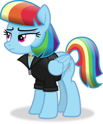 Size: 2580x3113 | Tagged: safe, artist:anime-equestria, rainbow dash, pegasus, pony, g4, alternate hairstyle, clothes, female, high res, jacket, jewelry, mare, necklace, short hair rainbow dash, short mane, short tail, simple background, solo, tail, transparent background, vector, wings