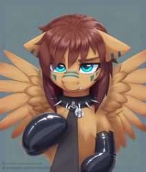 Size: 2500x2949 | Tagged: safe, artist:moewwur, artist:rin-mandarin, derpibooru exclusive, oc, oc only, oc:kuri, pegasus, pony, angry, blue eyes, brown mane, chest fluff, clothes, collar, commission, fluffy, gloves, half body, high res, latex, latex gloves, leash, looking at you, pegasus oc, pegasus wings, pet play, pet tag, solo, spiked collar, spikes, spread wings, wings, ych result