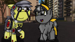 Size: 1192x670 | Tagged: safe, artist:foxfer64_yt, oc, oc only, oc:kaia mahoe, oc:thunder (gp.r 64000 robot pony), pony, robot, robot pony, unicorn, city, draft horse, duo, happy, hawaii, honolulu, looking at each other, looking at someone, looking at you, photo, raised hoof, smiling, smiling at each other