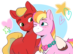 Size: 3794x2825 | Tagged: safe, artist:daisy_marshmallow, sprout cloverleaf, oc, oc:malarkey, earth pony, pony, g5, art trade, canon x oc, cute, duo, high res, jewelry, looking at each other, looking at someone, male, necklace, shipping, smiling, smiling at each other, stallion, unshorn fetlocks