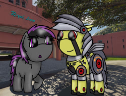 Size: 1024x780 | Tagged: safe, artist:foxfer64_yt, oc, oc only, oc:jennifer silverado, oc:thunder (gp.r 64000 robot pony), earth pony, pony, city, curious, day, duo, honolulu, looking at each other, looking at someone, raised hoof, smiling, street, tree