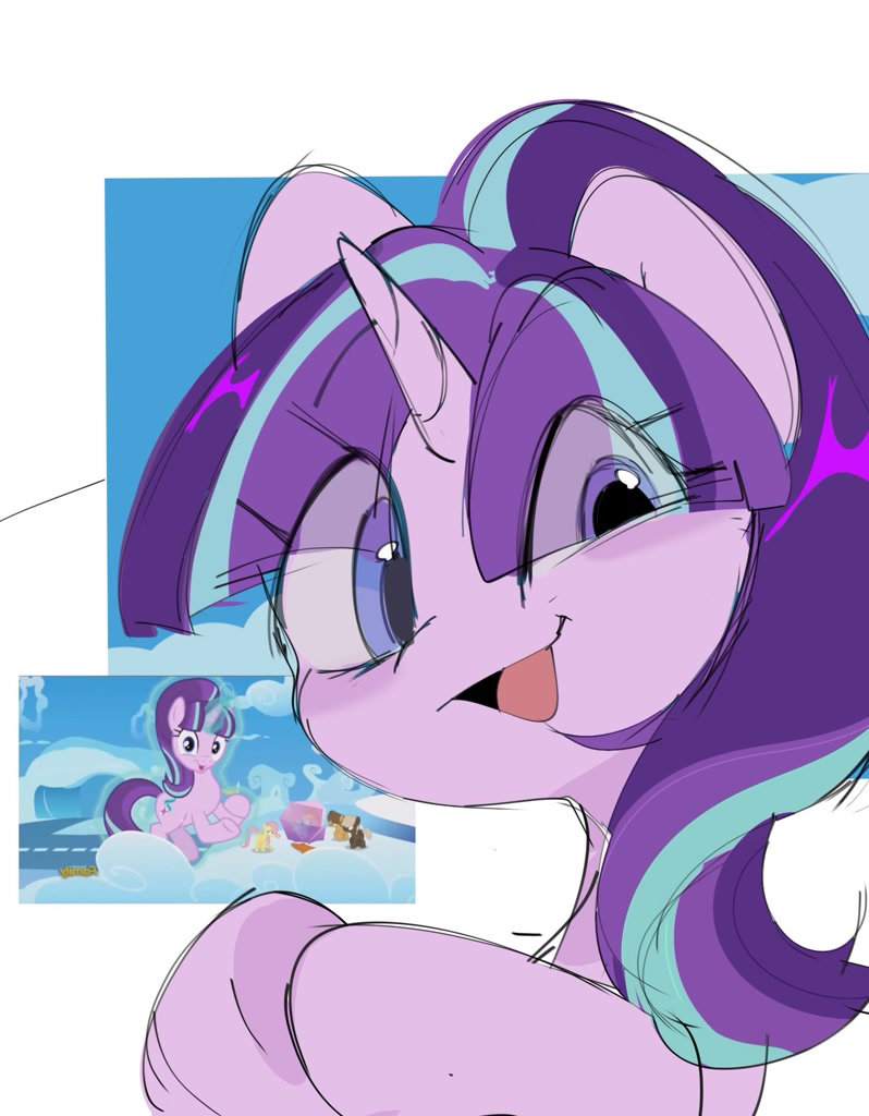 [bust,clapping,g4,looking at you,open mouth,pony,safe,simple background,smirk,solo,unicorn,scene interpretation,eye clipping through hair,starlight glimmer,smiling,starlight says bravo,s5 starlight,the cutie re-mark,screencap reference,artist:panrcillo_jelly]
