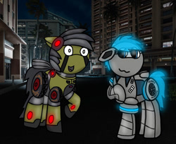 Size: 989x808 | Tagged: safe, artist:foxfer64_yt, oc, oc only, oc:acceron, oc:thunder (gp.r 64000 robot pony), original species, pony, robot, robot pony, amazed, car, city, duo, floppy ears, friends, honolulu, night, photo, raised hoof, shy, skyscraper