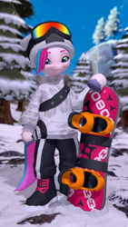 Size: 2160x3840 | Tagged: safe, artist:owlpirate, zipp storm, pegasus, pony, semi-anthro, g5, 3d, 4k, boots, clothes, female, goggles, goggles on head, hat, high res, jacket, looking at you, mare, outdoors, shoes, smiling, smiling at you, snow, snowboard, snowfall, solo, source filmmaker, winter outfit