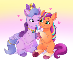 Size: 3562x3000 | Tagged: safe, artist:anonymous, queen haven, sunny starscout, earth pony, pegasus, pony, g5, adorahaven, art trade, blushing, crown, cute, drink, drinking, drinking straw, duo, duo female, female, gradient background, high res, hoof heart, jewelry, lesbian, looking at each other, looking at someone, mane stripe sunny, regalia, sharing a drink, ship:sunnyhaven, shipping, smiling, smiling at each other, sunnybetes, underhoof