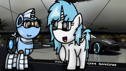 Size: 1192x670 | Tagged: safe, artist:foxfer64_yt, oc, oc only, oc:nara (fl), oc:silverstream (robot pony), alicorn, original species, pony, robot, robot pony, car, confident, duo, festival, indoors, looking at each other, looking at someone, raised hoof, talking to herself