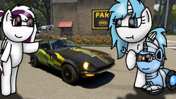 Size: 1192x670 | Tagged: safe, artist:foxfer64_yt, oc, oc only, oc:nara (fl), oc:sakura (fl), oc:silverstream (robot pony), bipedal, car, confident, gas station, nissan, parking, pointing, smiling, tree, trio, truck, wrench