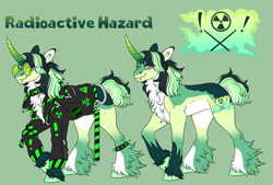 Size: 1920x1298 | Tagged: safe, artist:malinraf1615, oc, oc:radioactive hazard, pony, unicorn, clothes, concave belly, countershading, hoof fluff, jacket, male, reference sheet, solo, stallion, sunglasses, unshorn fetlocks