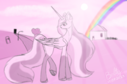 Size: 7662x5080 | Tagged: safe, artist:lightning bolty, oc, oc only, oc:lightning bolty, alicorn, alicorn oc, blurry, butt, cloud, concave belly, dream, dreamcore, dreamcore hills house, eyelashes, fance, female, folded wings, frog (hoof), horn, house, large wings, long horn, long legs, long mane, long tail, mare, mountain, nostalgia, plot, pole, rainbow, refrigerator, river, slender, solo, sternocleidomastoid, sun, tail, tail maw, tailmouth, tall, thin, tree, underhoof, unshorn fetlocks, water, wings