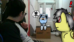Size: 1192x670 | Tagged: safe, artist:foxfer64_yt, oc, oc only, oc:silverstream (robot pony), oc:thunder (fl), human, amazed, box, clothes, computer, football, indoors, irl, irl human, looking at something, photo, present, shoes, sitting, smiling, sports