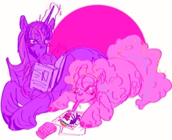 Size: 2040x1666 | Tagged: safe, artist:rare-apples, pinkie pie, twilight sparkle, alicorn, earth pony, pony, g4, 2d, book, colored, coloring book, digital art, duo, female, happy, horn, hug, love, lying down, mare, reading, smiling, standing, twilight sparkle (alicorn), wings