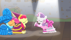 Size: 1280x720 | Tagged: safe, edit, edited screencap, screencap, apple bloom, scootaloo, sweetie belle, earth pony, pegasus, pony, unicorn, for whom the sweetie belle toils, g4, my little pony: friendship is magic, adorabloom, apple bloom's bow, bow, clothes, cute, cutealoo, cutie mark crusaders, cutie mark cuties, diasweetes, dress, eyes closed, female, filly, foal, hair bow, hat, hennin, open mouth, open smile, play, princess apple bloom, princess scootaloo, raised hoof, smiling, spotlight, stage, trio