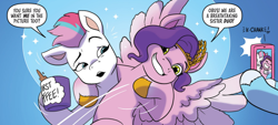 Size: 756x341 | Tagged: safe, idw, official comic, glory (g5), pipp petals, zipp storm, pegasus, pony, g5, spoiler:comic, spoiler:g5comic, spoiler:g5comic20, coffee, coffee mug, comic, female, mare, mug, phone, royal sisters (g5), siblings, sisters, smiling