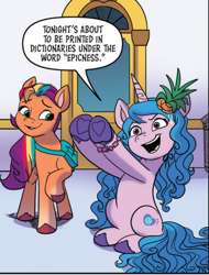 Size: 394x519 | Tagged: safe, idw, official comic, izzy moonbow, sunny starscout, earth pony, pony, unicorn, g5, spoiler:comic, spoiler:g5comic, spoiler:g5comic20, comic, epicness, food, pineapple